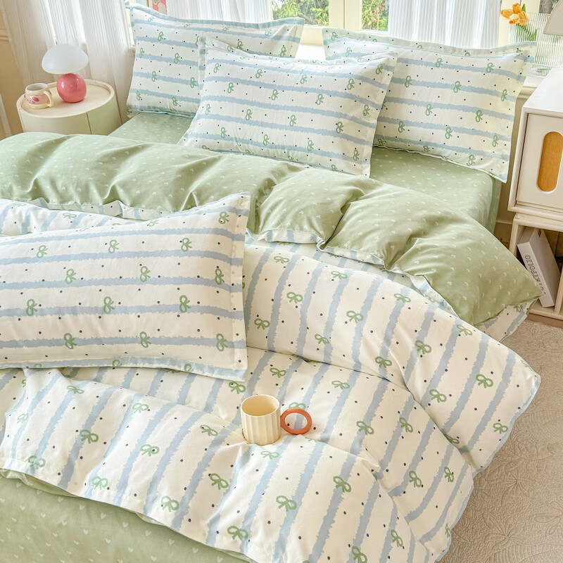 多兰诗（Duolanshi）春秋加厚磨毛四件套 ins四件套花卉田园风格床单被套四件套 点点情深M 1.2米 床单款 被套150*200 三件套