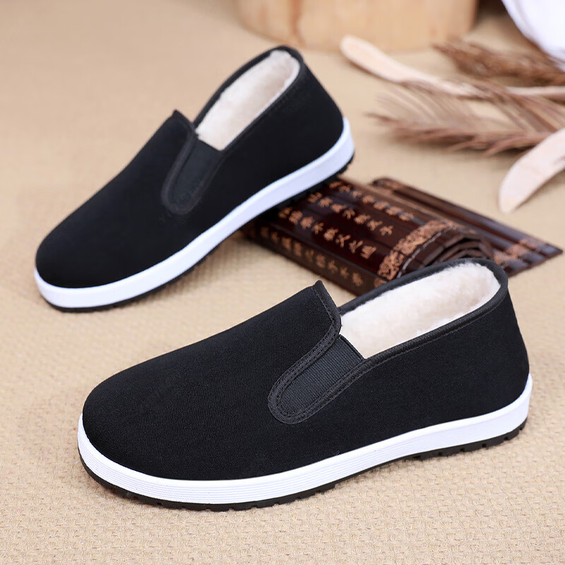 意迪森冬季绵羊毛男士棉靴老北京布鞋保暖防滑新款加绒加厚黑布鞋开车鞋 暗夜黑 加绒 黑边 45 (275mm)