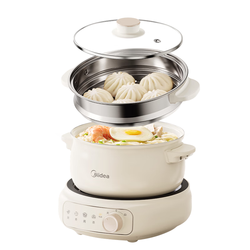 美的（Midea）电煮锅 电火锅 电热锅 电炒锅 分体式可拆洗 2.6L小电锅 学生宿舍多功能锅泡面锅 XZC2088S 配蒸笼