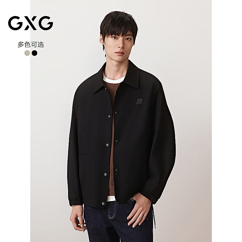 GXG男装复古PU皮夹克立体绣花压褶设计外套 黑色 175/L