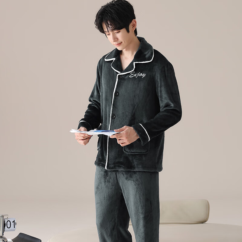 猫人珊瑚绒男士睡衣男冬季2025新款加绒加厚可外穿法兰绒家居服冬 WR1523男卡其色 3XL