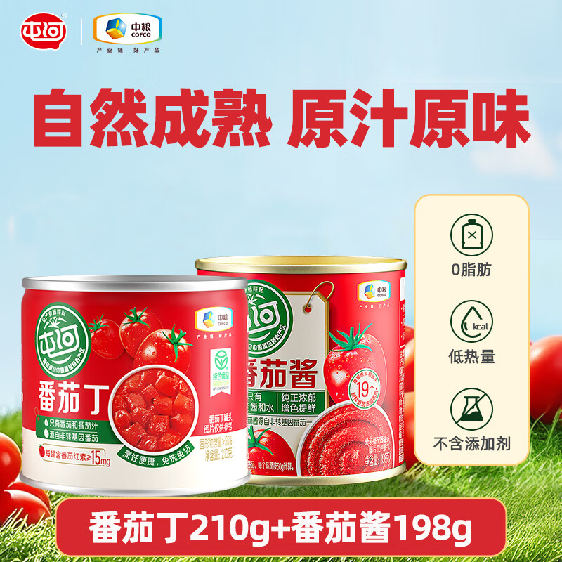 屯河番茄罐头无添加剂自然成熟0脂肪懒人开罐即用番茄丁番茄调味酱 番茄丁210g+番茄酱198g