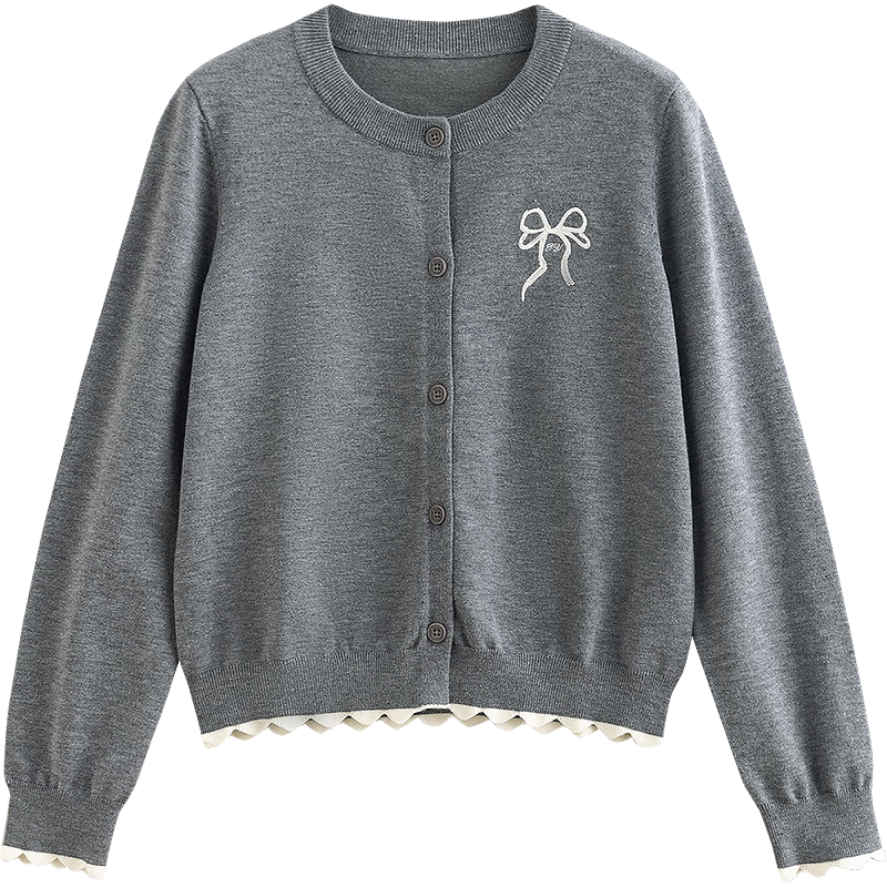 初語(yǔ)蝴蝶結(jié)刺繡針織衫圓領(lǐng)上衣女2025秋季新款撞色減齡開(kāi)衫 花灰色 S