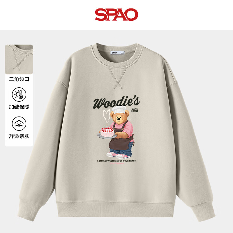 SPAO韩国同款冬季男女小熊潮牌美式运动百搭加厚保暖卫衣SPWY25SY13LD 浅卡其#SP蛋糕小熊黑 M