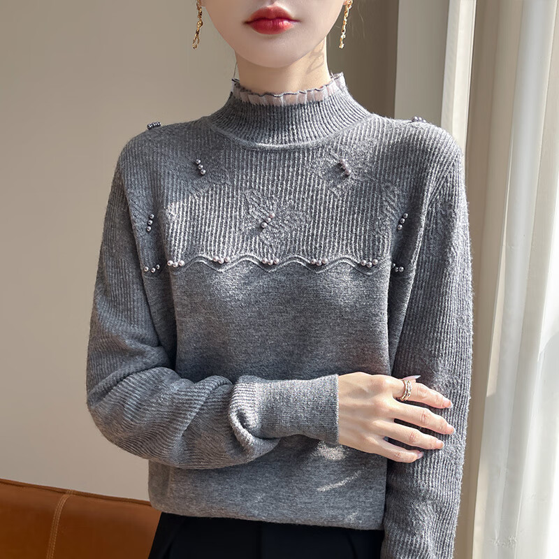 香影芬针织衫女秋冬蕾丝钉珠可外穿木耳边小香风内搭半高领毛衣打底衫女 米色 L (建议105-115斤)