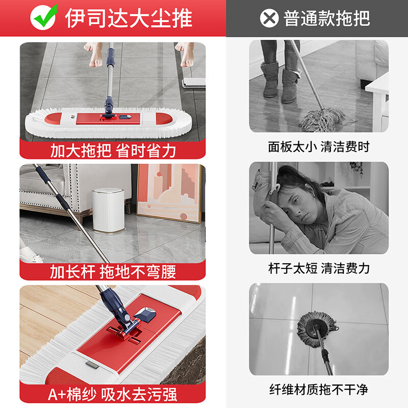 伊司达平板拖把家用木地板瓷砖大号棉纱拖布墩布拖地不锈钢地拖送替换布 地板护士拖把【共4块配布】