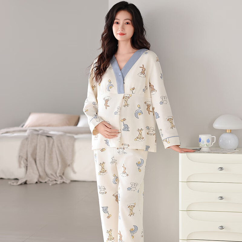 婧麒月子服纯棉全棉吸汗带胸垫秋冬款产后哺乳睡衣孕妇喂奶家居服 兔兔庄园 2XL