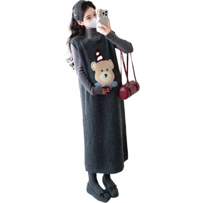 苒琦媽咪孕婦裝2025秋冬新款韓版刺繡卡通小熊毛衣背心連衣裙針織打底套裝 灰色套裝 2XL