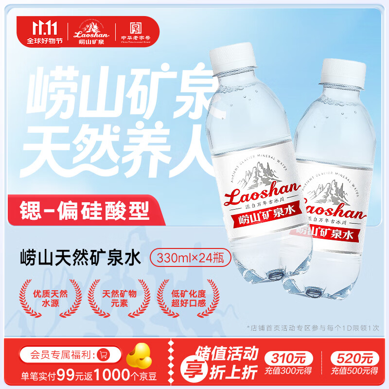 崂山【任嘉伦推荐款】饮用天然矿泉水 锶-偏硅酸型 330ml*24瓶/整箱装
