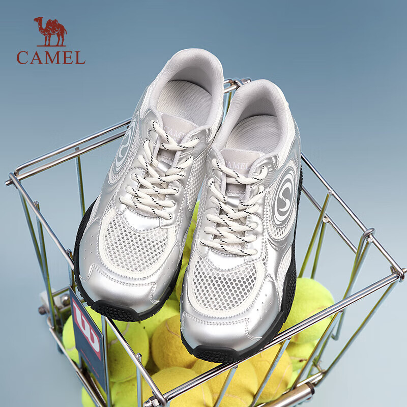 骆驼（CAMEL）月牙德训鞋女百搭板鞋网面休闲鞋 L25S577059G 白/银(增高款) 36