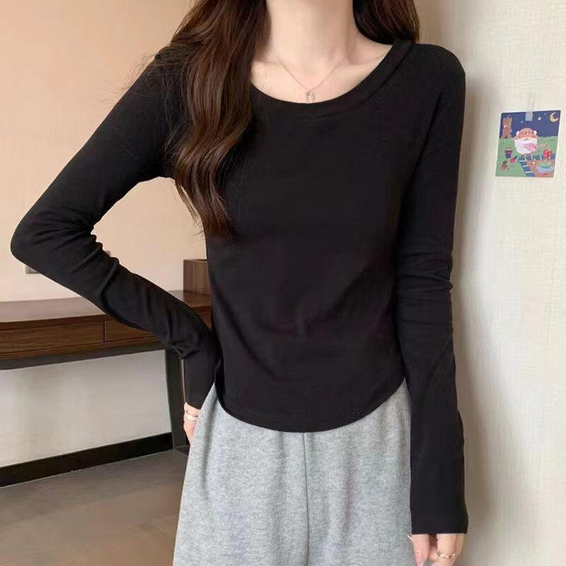 [95棉]纯棉正肩长袖T恤女新款早秋设计感小众内搭薄款圆领打底衫 白色 M