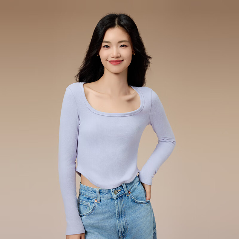 内茵(NEIYIN)保暖内衣女长袖内搭亲肤修身打底衫上衣 夕雾紫 M (90-105斤)
