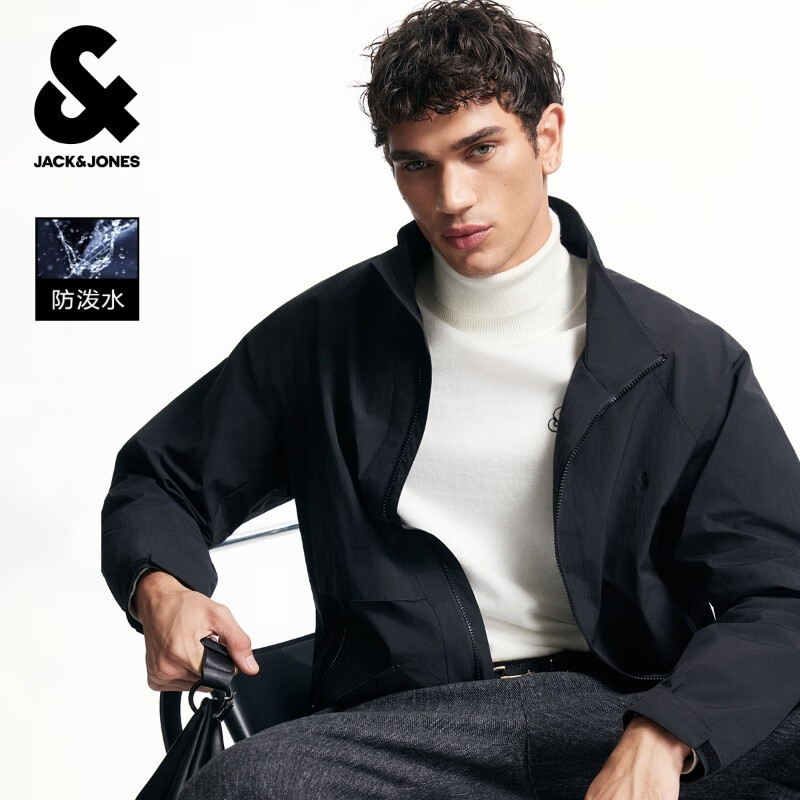 杰克·琼斯（JACK&amp;JONES）25年男装秋季外套男休闲纯色宽松拉链口袋长袖简约立领外套上衣 E43纯黑色 M （175）