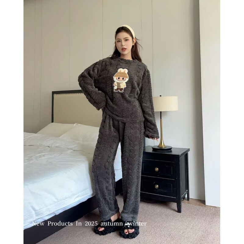 诗莉奥(SHILIAO)睡衣女珊瑚绒秋冬季新款加厚绒休闲保暖家居服少女冬天套装可外穿 小兔-姜黄色套装 均码 155-175/80-105CM