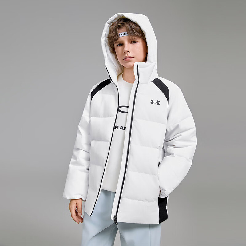 UNDER ARMOUR安德玛童装25冬新款儿童羽绒服休闲短款运动男童鸭绒面包服外套 白色 130
