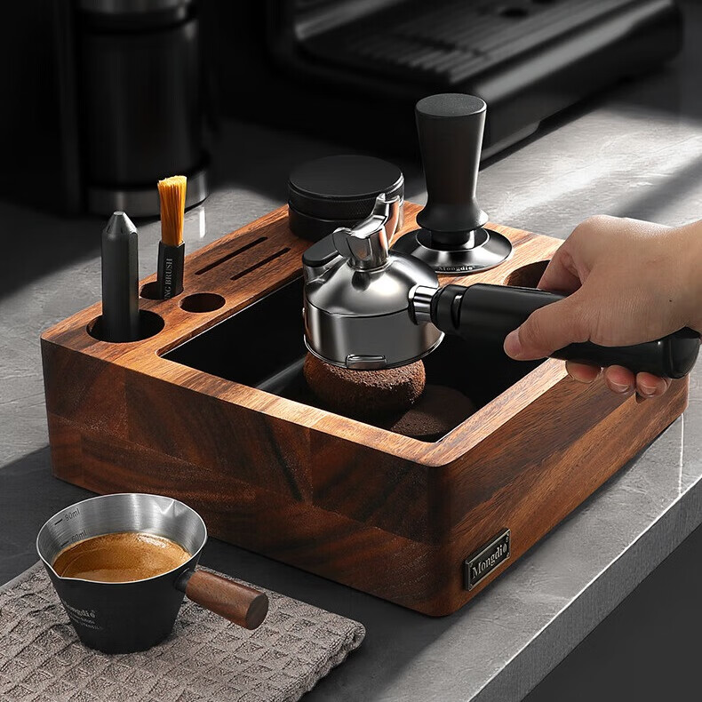 Mongdio布粉器套裝胡桃木咖啡壓粉器底座敲渣桶壓粉錘咖啡機配件器具 58mm三件套-黑色款