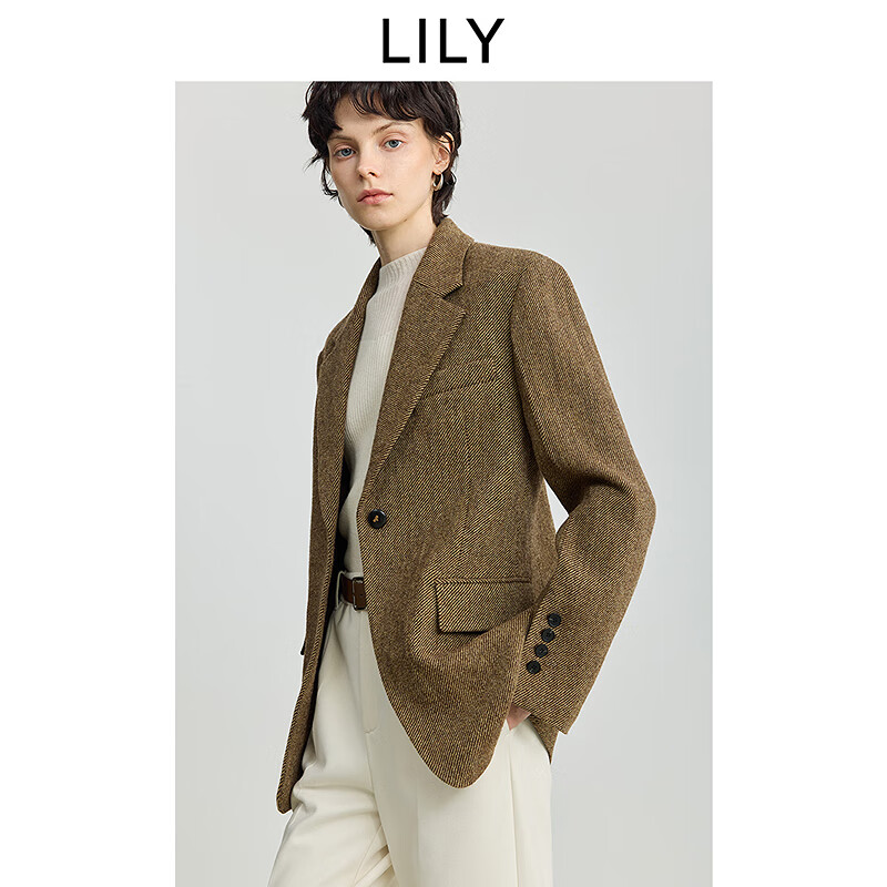 LILY100%羊毛2025冬新款复古老钱风加厚气质通勤咖啡色西装外套女 710咖啡 M