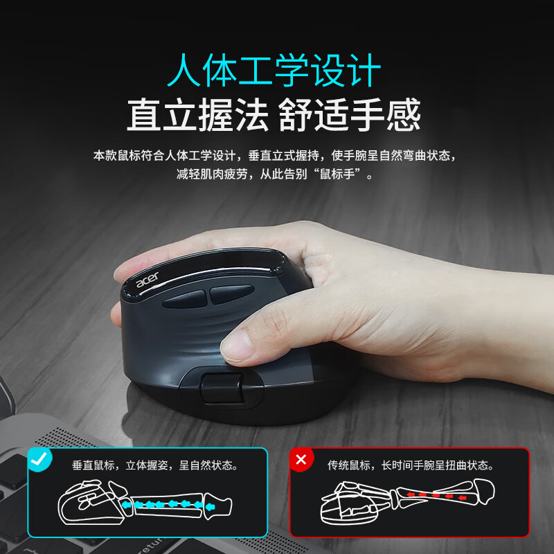 宏碁（acer）OMR274人体工学双滚轮垂直鼠标无线蓝牙三模有线可自定义按键鼠标宏静音鼠标办公电脑中大手可充电 深灰色（可自定义按键鼠标宏/双滚轮）