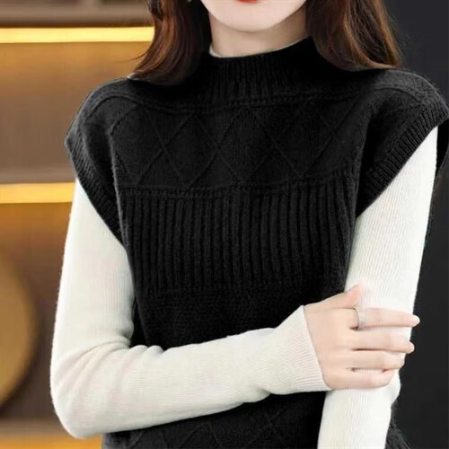 香影纯针织衫女两件套时尚菱形半高领无袖马甲女背心女外搭坎肩女打底衫 原绒驼+黑打底 L (建议105-115斤)