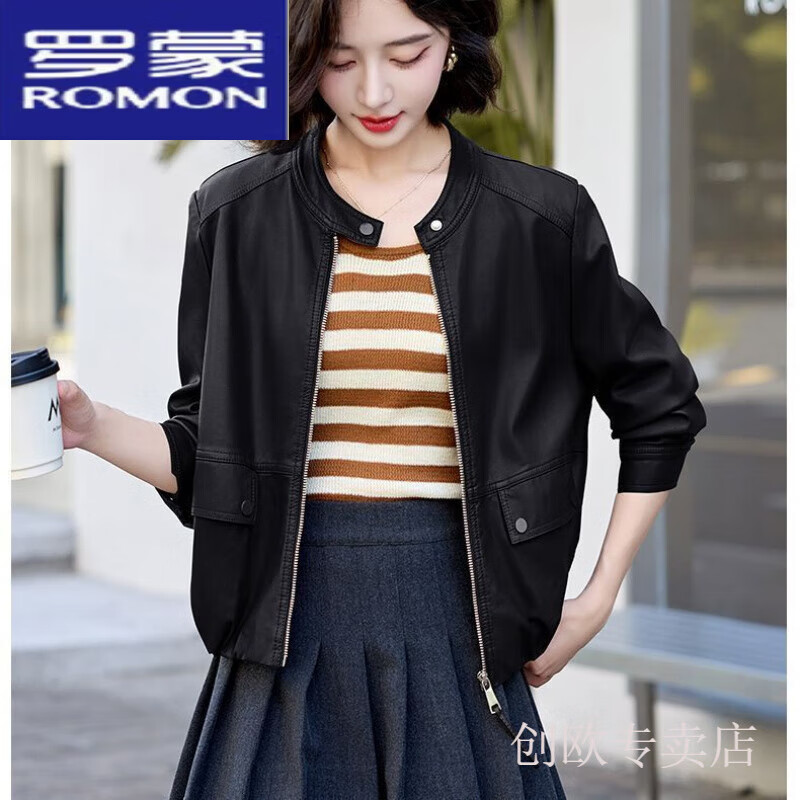 罗蒙（ROMON）小皮衣外套女2025新款春秋小个子短款宽松秋冬美拉德PU皮机车夹克 黑色 L 建议110-120斤