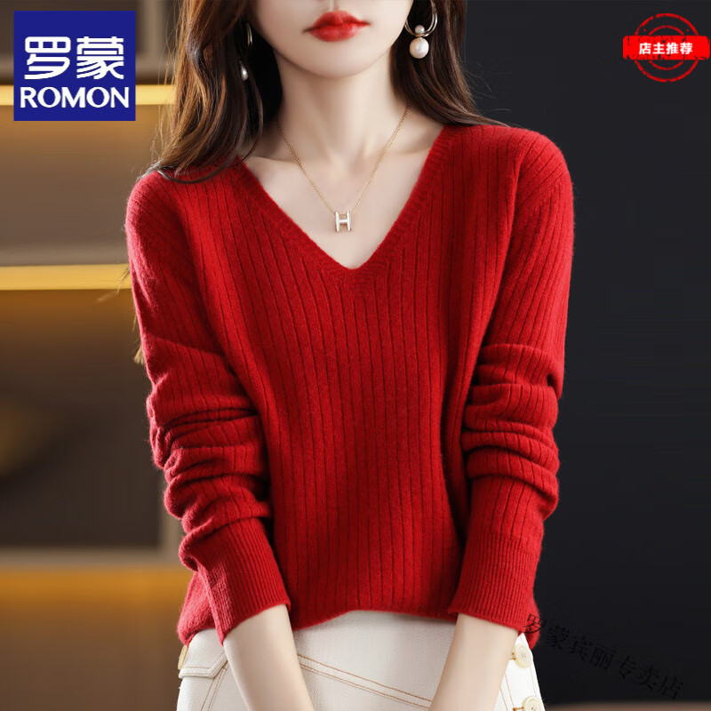 罗蒙（ROMON）本命年红色v领毛衣打底衫女春秋新款宽松针织衫秋冬内搭上衣 100%纯羊毛-红色-女装十大品牌 S (建议80-100斤)