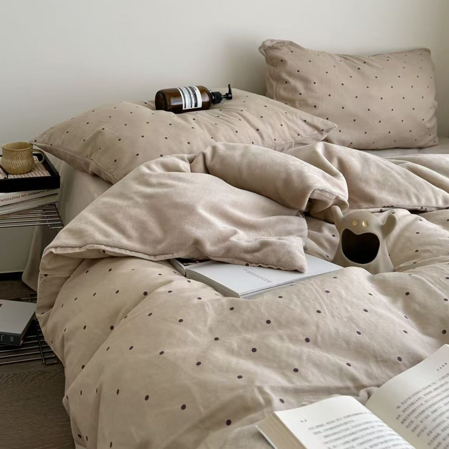 苏萱简约ab面纯棉牛奶绒床上四件套珊瑚绒床单加绒全棉被套三件套床品 波尔卡圆点-咖 2.0m 床单款 四件套-被套220x240cm