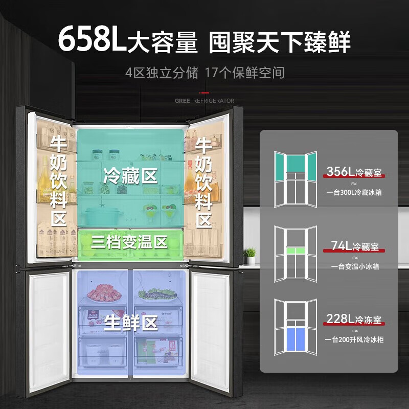 格力晶弘658升变频一级能效冰箱十字对开门底部散热自由嵌入式-33度深冻锁鲜恒温保鲜除菌净味电冰箱 BCD-658WPSC/原石灰