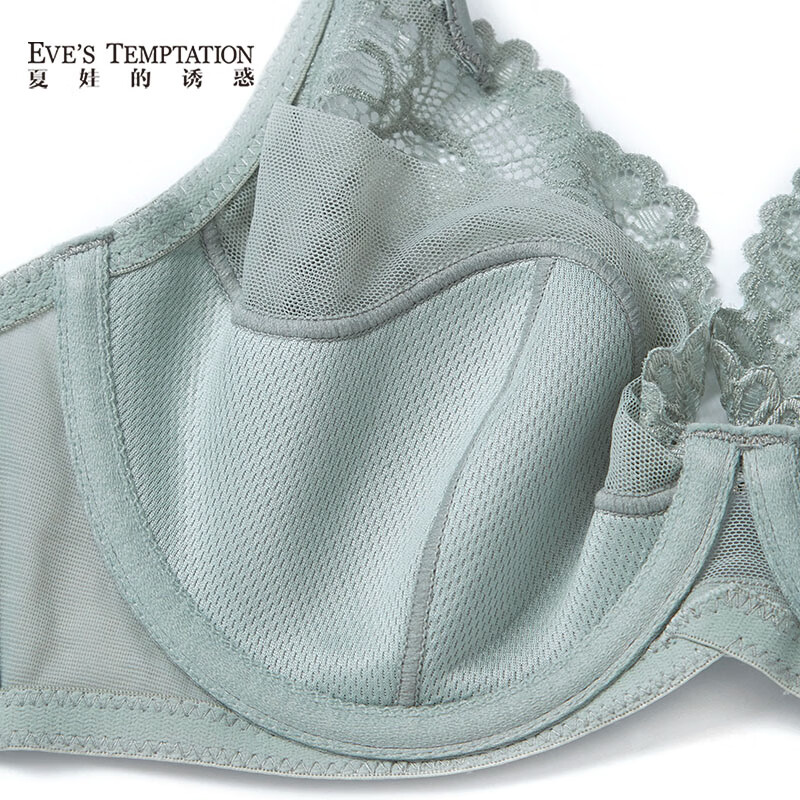 夏娃的诱惑浥轻尘组内衣女夏季薄款软钢圈大胸显小蕾丝性感文胸上托防下垂 水雾蓝 85E