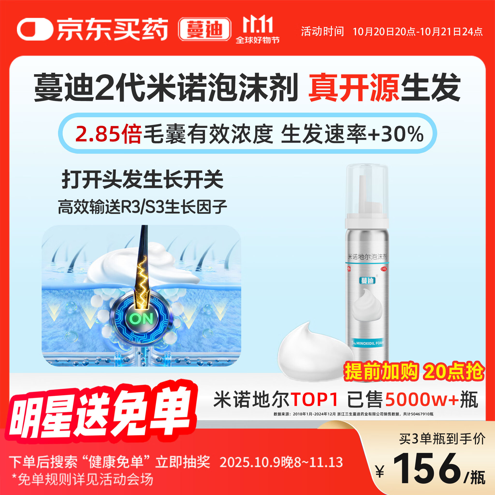 【第二代米诺地尔】蔓迪生发泡沫剂60g（倍速生发 温和不起痘）防脱育发增发液5%浓度酊搽剂