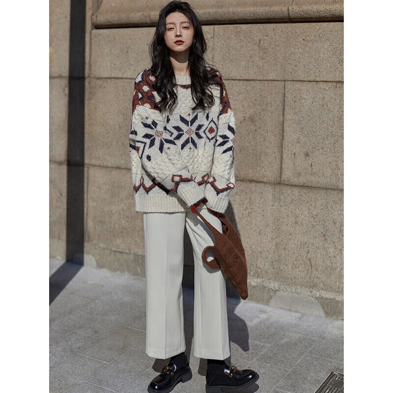 妙恋多毛衣女外穿冬季加厚宽松圆领套头针织衫温柔费尔岛小众设计感上衣 米白色 【针织毛衣】 均码 【建议90-140斤】