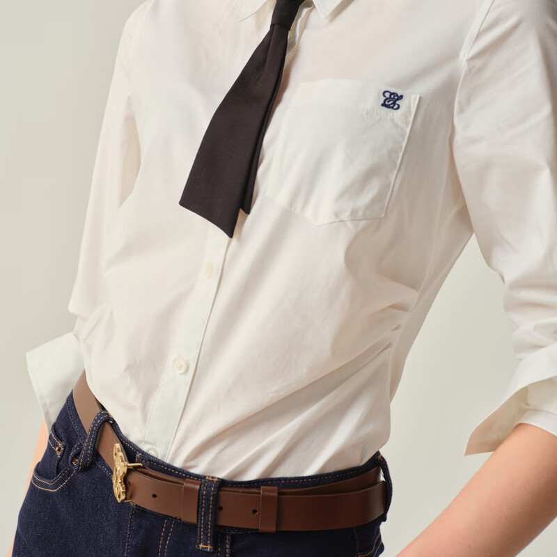 ELAND【小蛮腰】衣恋衬衫女短款棉质翻领通勤上衣2025秋季新款 象牙白/白色(39)Ivory L /170