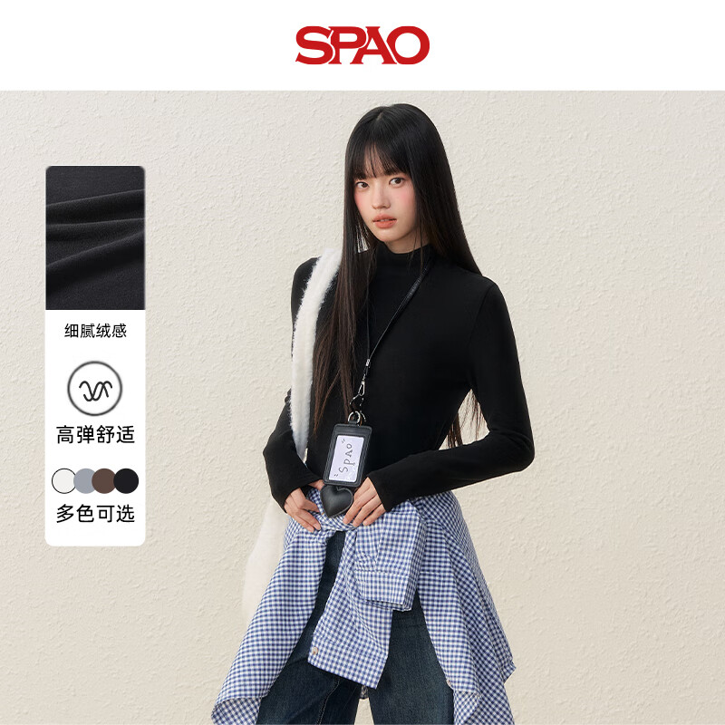 SPAO半高领薄绒长袖T恤男女2025冬季打底衫显瘦修身上衣SPCX25AD04XY 黑#纯色 XL