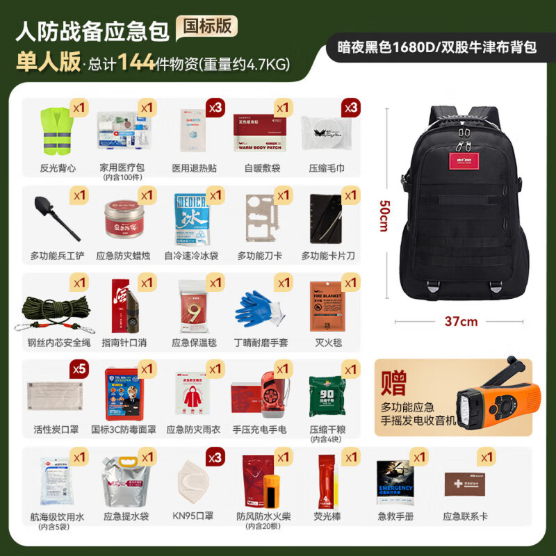 LUCYLEE人防战备新国标家用防灾应急救援包应急物储备物资全套国家标准 【单人版】黑色背包-144件 有效应对9大突发灾难