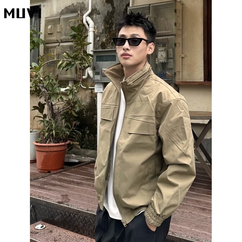 牧唯美式硬汉立领教练夹克男士秋新短款户外防风机能百搭工装上衣外套 卡其色 2XL [建议140-160斤]