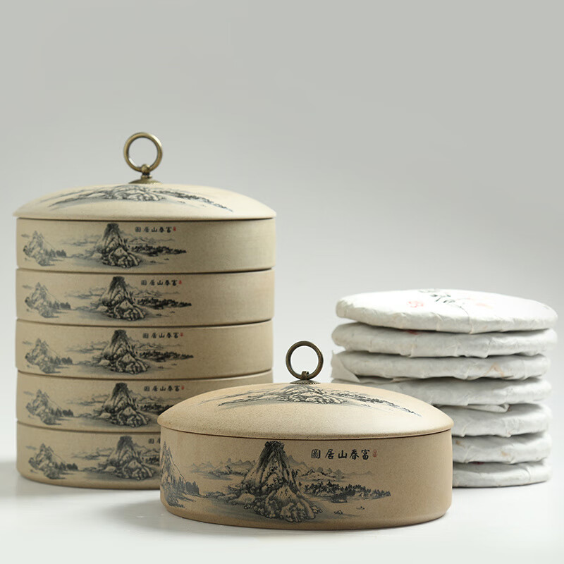 正扬茶叶罐普洱茶储存罐收纳盒陶瓷储茶罐粗陶分层七子茶饼多层密封罐 粗陶普耳-单片装富春山居图