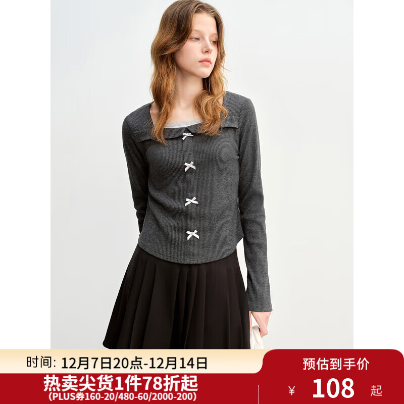 独束大码女装气质蕾丝拼接假两件T恤2024秋季新款方领蝴蝶结内搭 深麻灰 M (尺码：1)