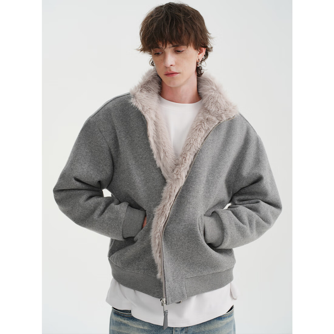 MIDASHAND2025新款座山雕棉服50羊毛仿狐狸毛双面穿内里拼毛立领夹克外套 黑色 L (身高175-180cm)