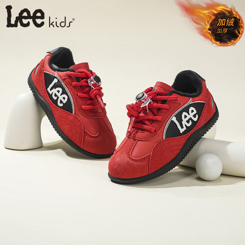 Lee童鞋冬季新款儿童跑步鞋学生休闲板鞋加绒运动鞋男女童 红色 36 【建议脚长221mm】