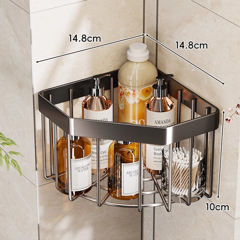 尔思家卫生间墙上置物架吸盘式免打孔墙角架墙上三角架水槽收纳沥水架 枪灰色