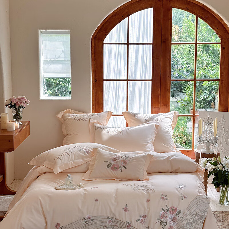 元族2025新款13372喷气纯棉四件套-花间细语系列 粉玉 床单款 1.5m四件套