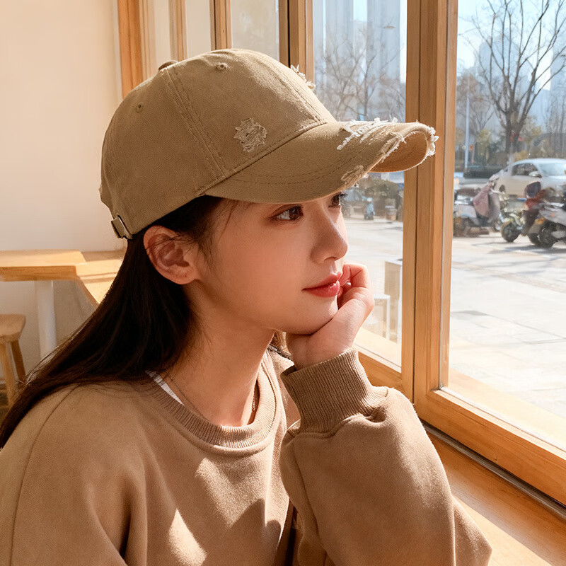 OEAI美式复古做旧蓝色棒球帽女早春百搭加大加深字母刺绣破洞鸭舌帽男 C5885破洞檐立绣TIUST棒球帽 粉色 M （56-58cm）