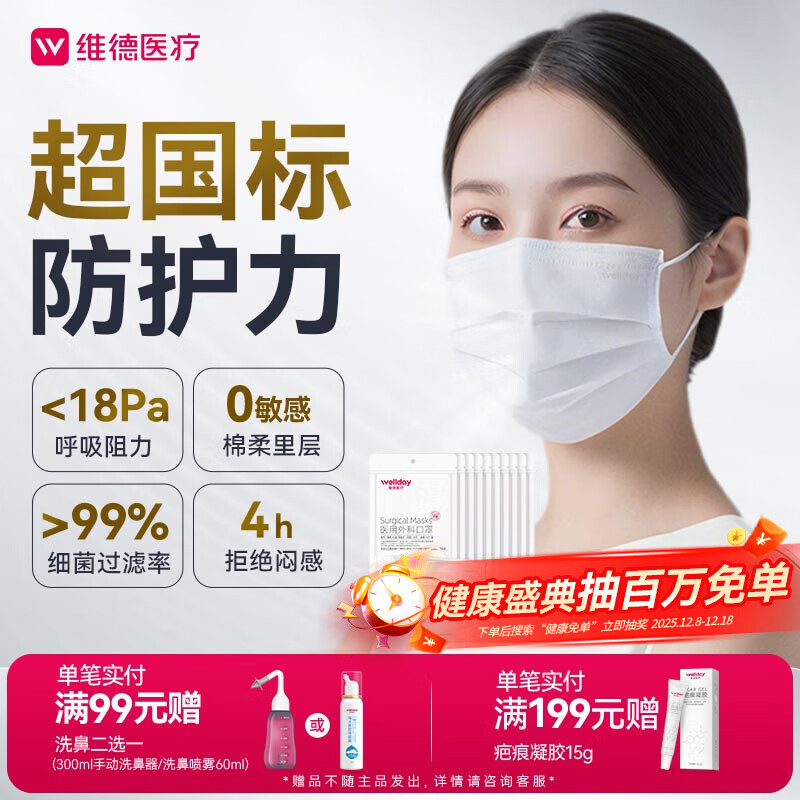 维德（WELLDAY）一次性医用外科口罩100只白色防沙尘冬季保暖防过敏透气灭菌级