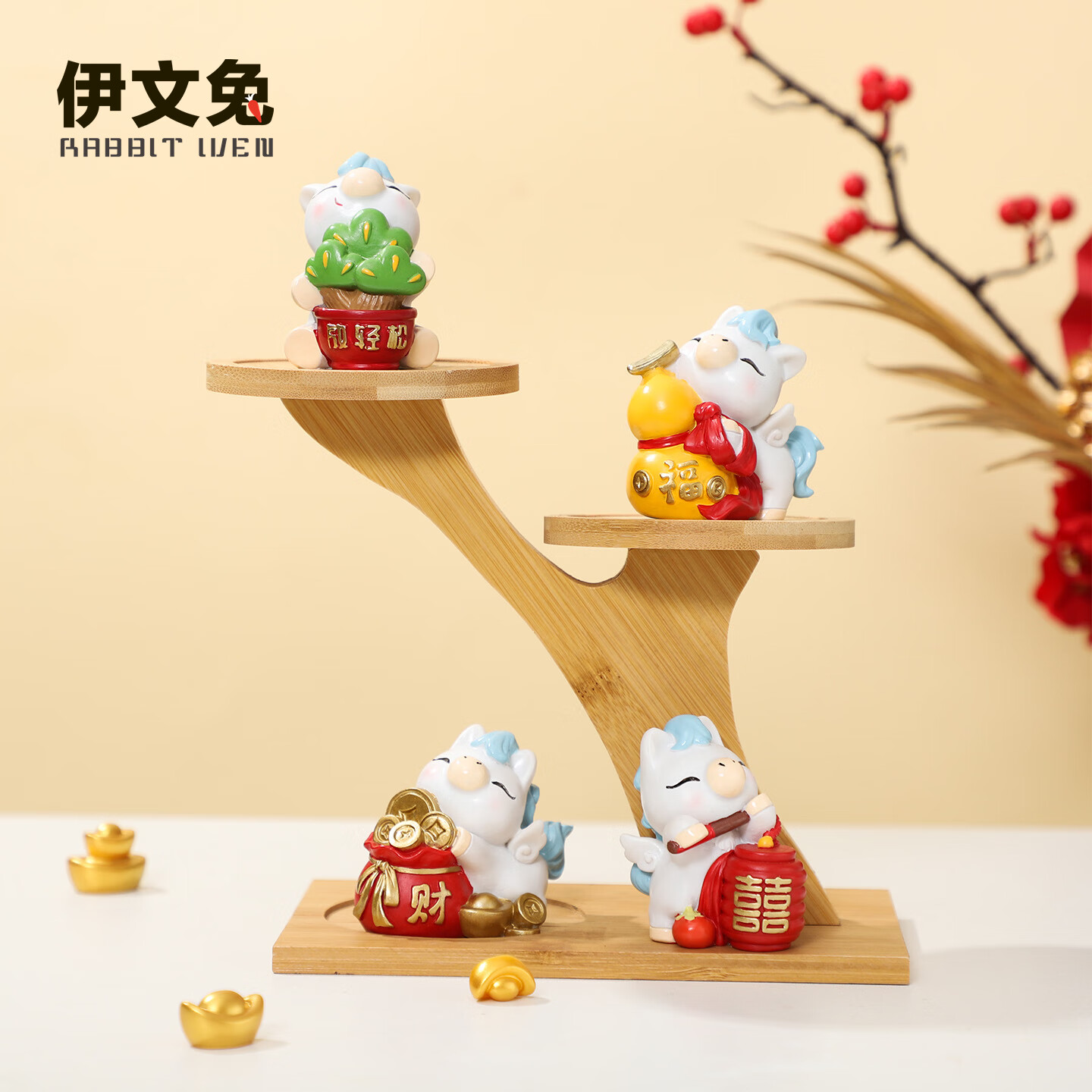 伊文兔（THE RABBIT IVEN）唐胖马摆件可爱生肖马摆件办公室小马摆件马年文创伴手礼新年礼物 神马好运摆件全套4个-送礼袋