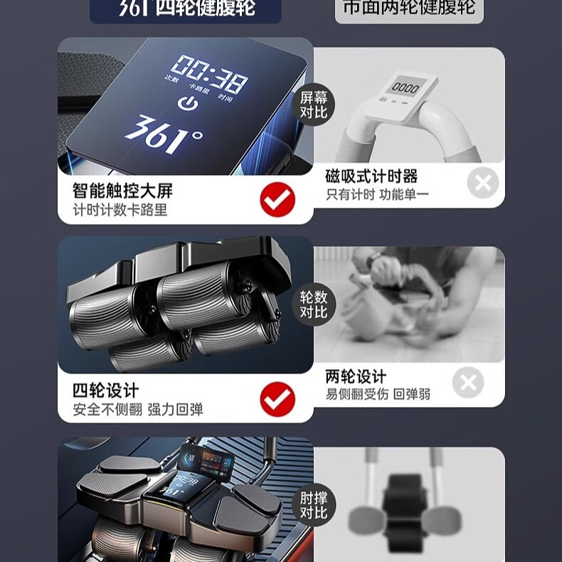 361°四轮计数健腹轮自动回弹智能肘撑腹肌轮平板支撑健身器材卷腹男女 咖色【带数显+静音回弹+计数】含跪垫