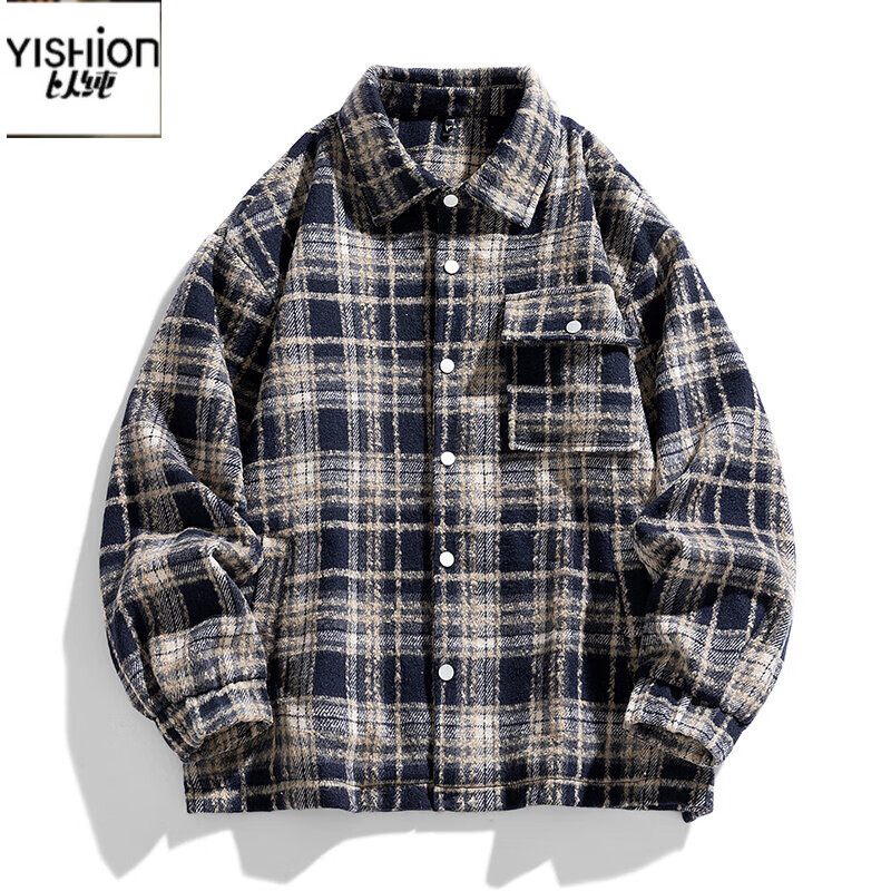 A21以纯美式复古格子衬衫外套男春秋翻领刺绣夹克潮牌学生痞帅JK2161 以纯-黑色 M