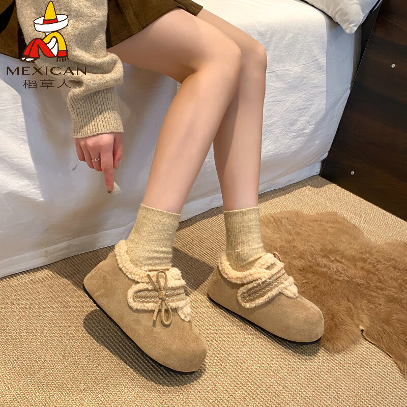 稻草人（MEXICAN）勃肯鞋女款2026冬季加绒保暖棉鞋厚底毛绒鞋子内增高毛毛鞋 精品版杏色 35