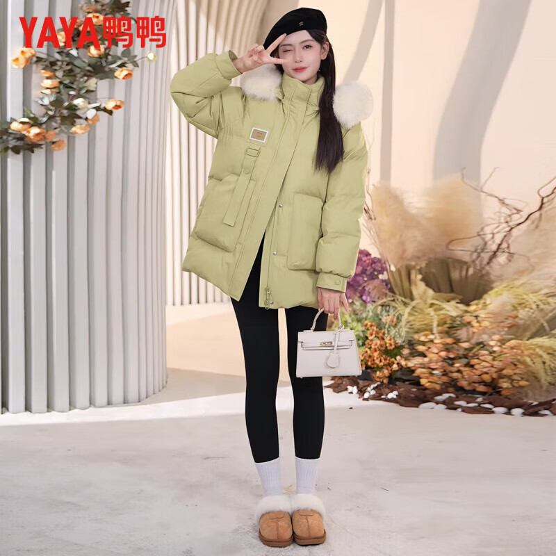 鸭鸭（YAYA）羽绒服女厚款连帽毛领短款保暖2025冬季新款时尚百搭羽绒外套 牛油果绿 M (160)