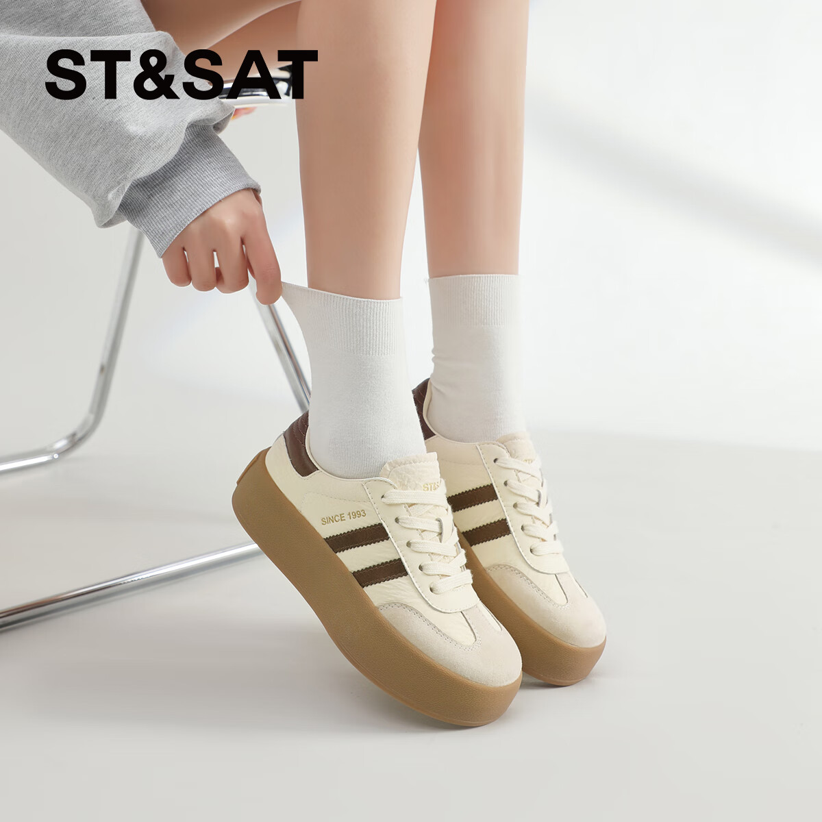 星期六(St&Sat)2026春季新款德训鞋拼色复古气质百搭舒适休闲鞋跑步鞋通勤女鞋子 粉色 37