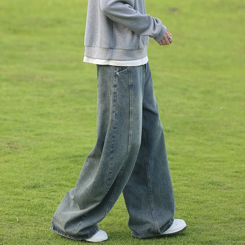 东馨鸟牛仔裤新款美式弯刀复古高街显瘦宽松休闲水洗阔腿直筒坠感长裤子 浅蓝色-弯刀/显瘦[品质甄选] 3XL160-175斤-详细问客服 均码