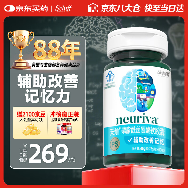 旭福（Schiff）neuriva脑动力磷脂酰丝氨酸胶囊60粒补脑提高改善记忆力成人dha